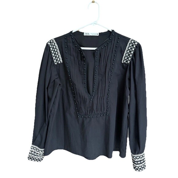Zara Embroidered Blouse Women Size M Boho Peasant Chic Black Top - Picture 1 of 5